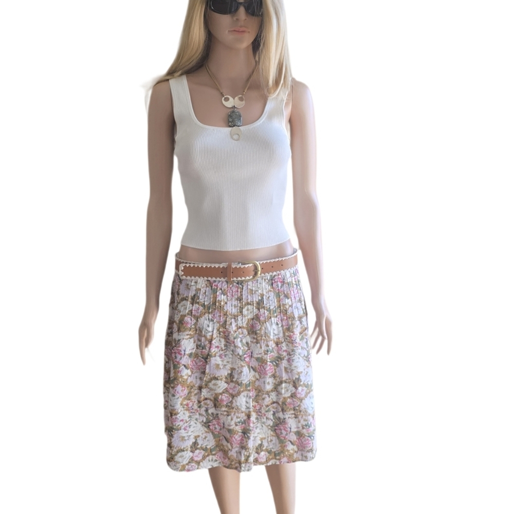 90s Style Floral A-Line Midi Skirt Pink & Olive Cabbage Roses 32" Waist - Picture 8 of 10